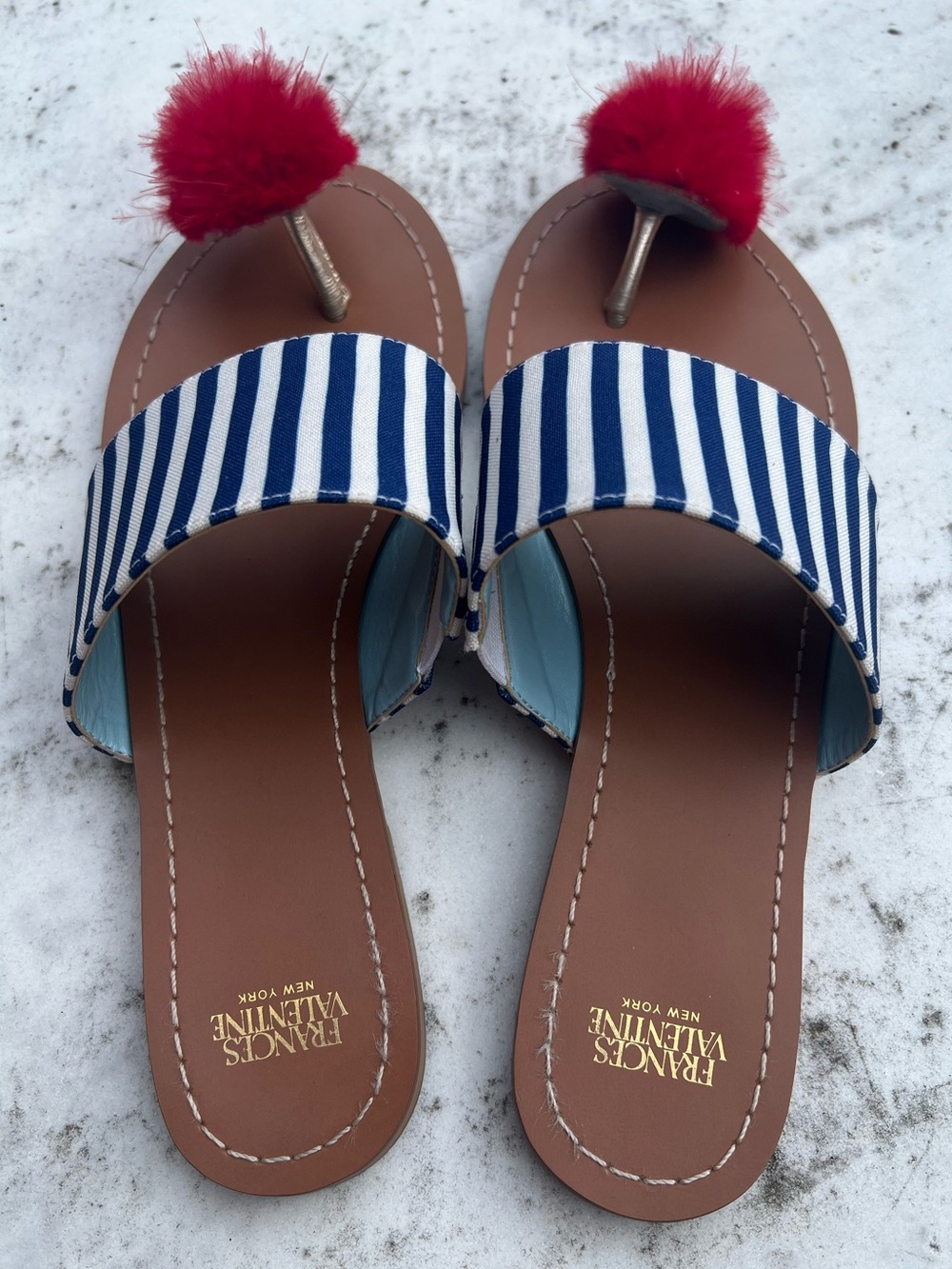 Frances Valentine New York Striped Pom-Pom Slide Sandals Red Navy White Stripes - Picture 3 of 5